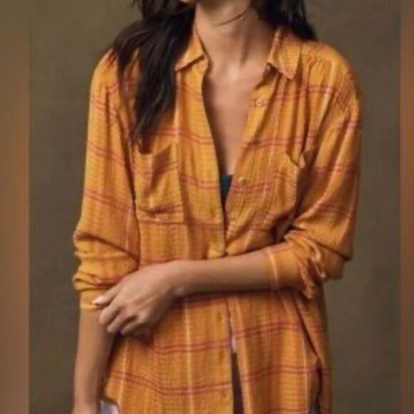 Pilcro x Anthropologie Vibrant Orange and Pink Front Button Top in Size S - Picture 1 of 8